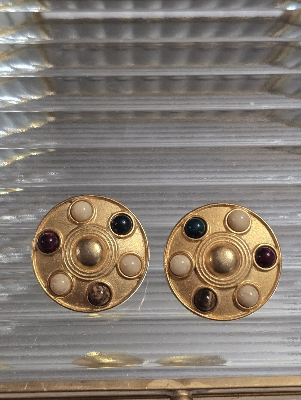 Gold-Tone Multistone Round Cabochon Clip Earrings - Neutral & Jewel Tones